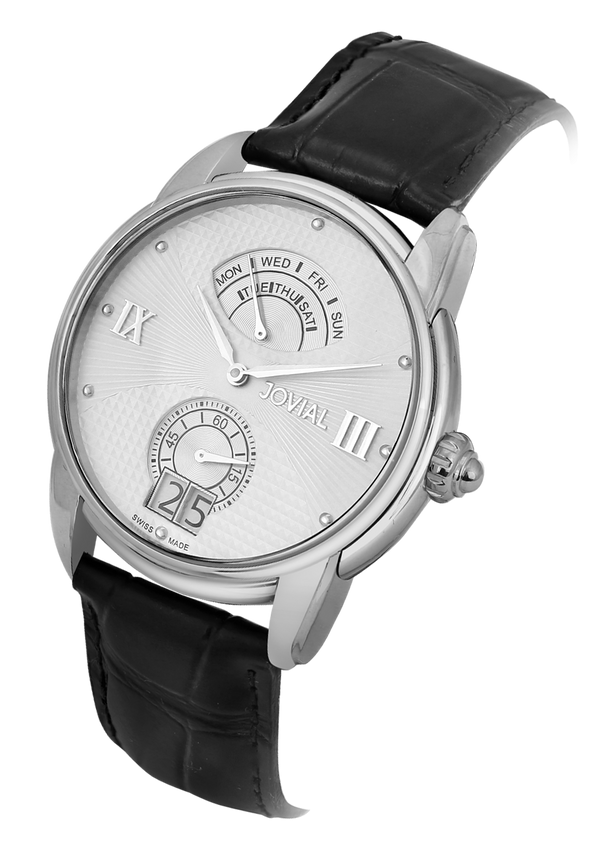 A Classic JOVIAL watch 6606GSLQ11 Gents Silver(white) 45mm Genuine Leather 