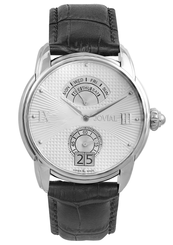A Classic JOVIAL watch 6606GSLQ11 Gents Silver(white) 45mm Genuine Leather