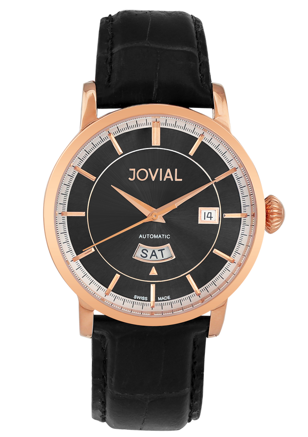 Automatic classic JOVIAL watch 9109GRLA31 Gents Rose Gold (Black) 42mm Genuine Leather 